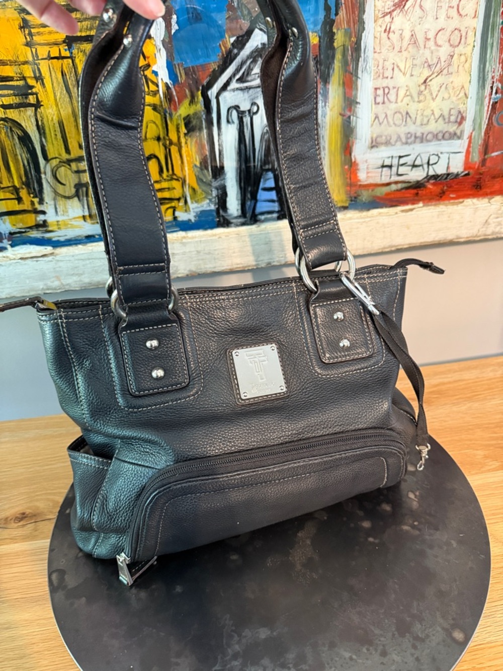 Tignanello Black Pebbled Leather Shoulder Tote Bag with Lots of Pockets.